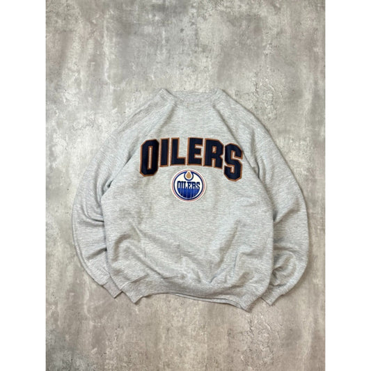Vintage 90s Edmonton Oilers NHL Embroidered Spellout Sweatshirt Size XL Gray