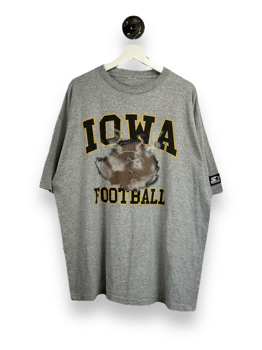 Vintage 90s Iowa Hawkeyes NCAA Football Graphic Starter T-Shirt Size 2XL Gray