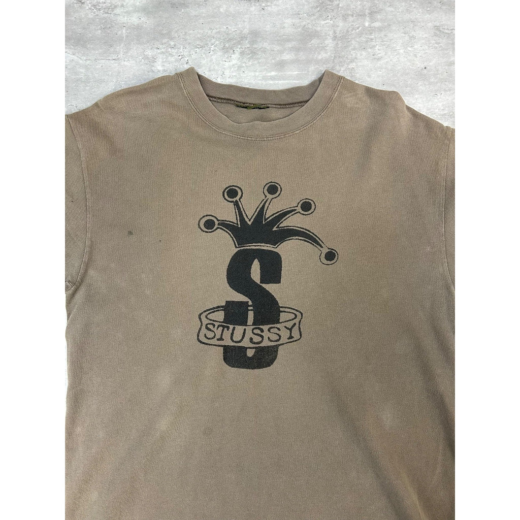 Vintage Stussy Crown Graphic Earth Tone Spellout T-Shirt Size LT