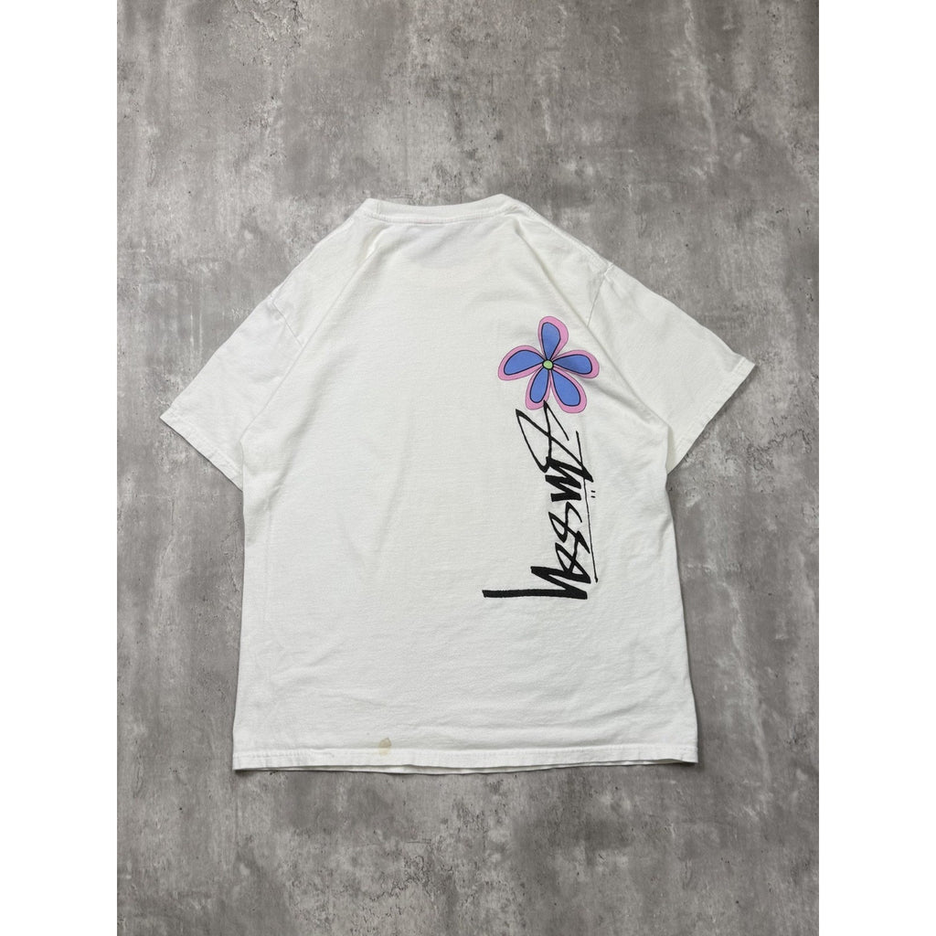 Stussy Spellout Flower Graphic White T-Shirt Size Large