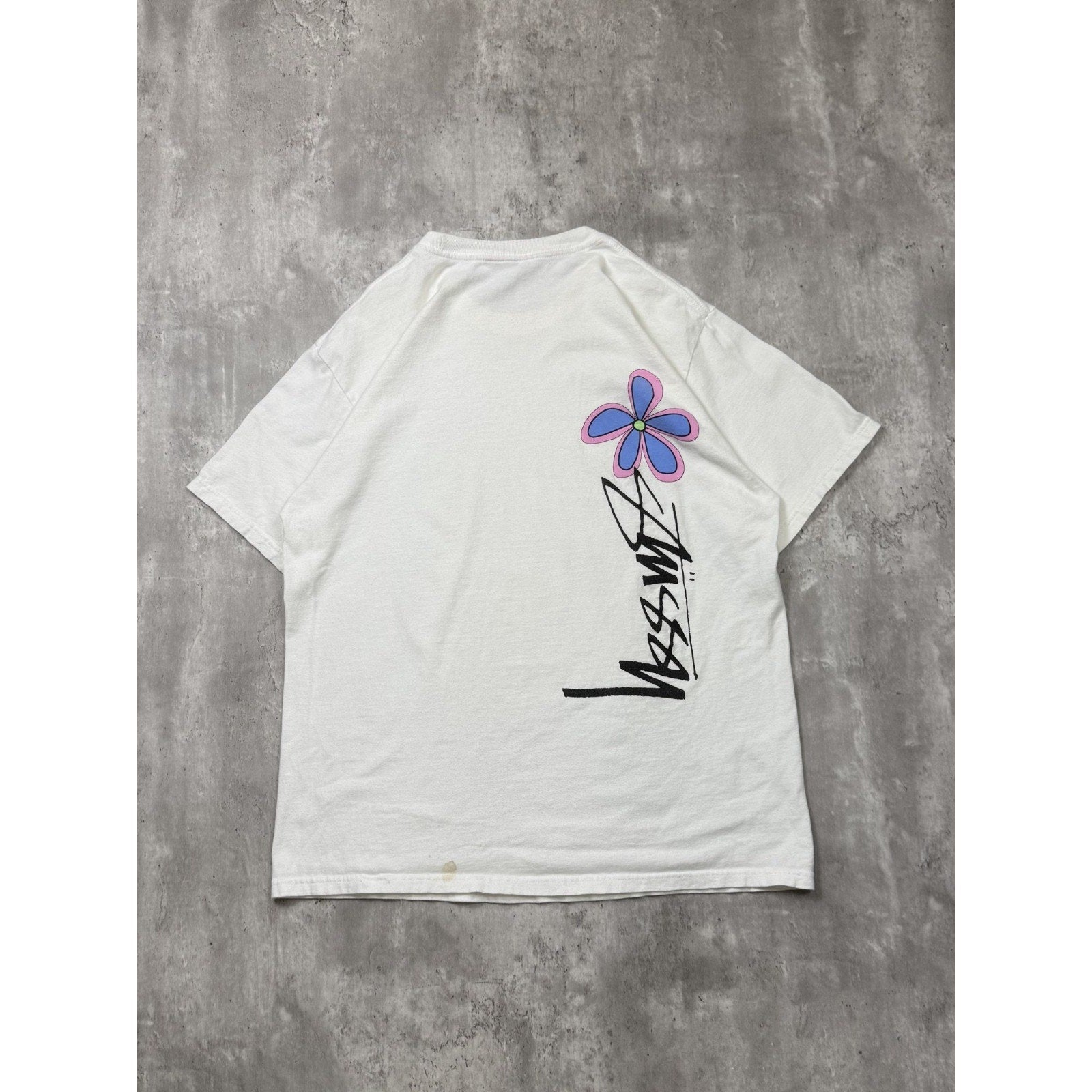 Stussy Spellout Flower Graphic White T-Shirt Size Large