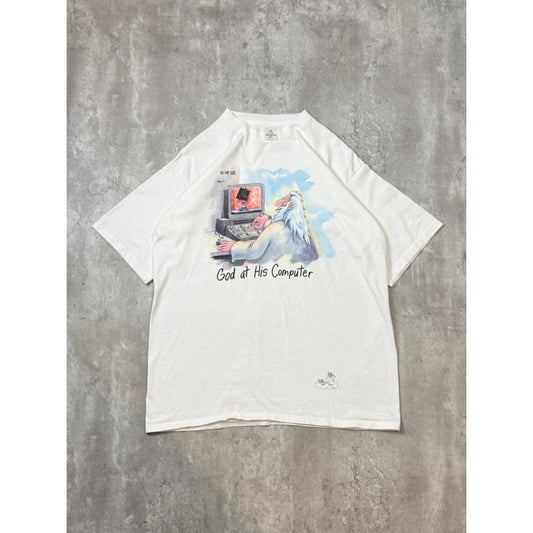 Vintage 90s God At His Computer Comedy Cartoon Graphic T-Shirt Size XL