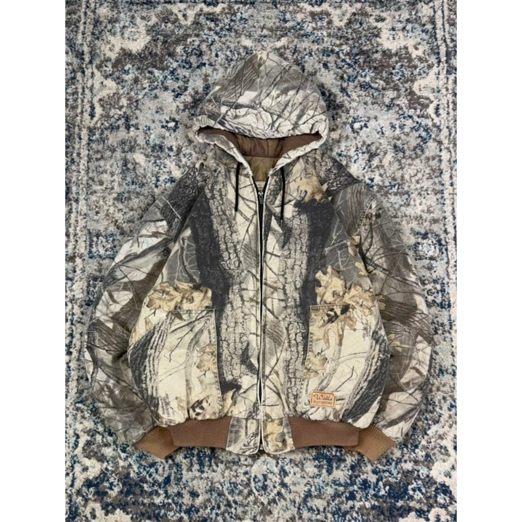 Vintage Walls Quilted Lined Realtree Hardwoods Camo Hooded Bomber Jacket Size XL