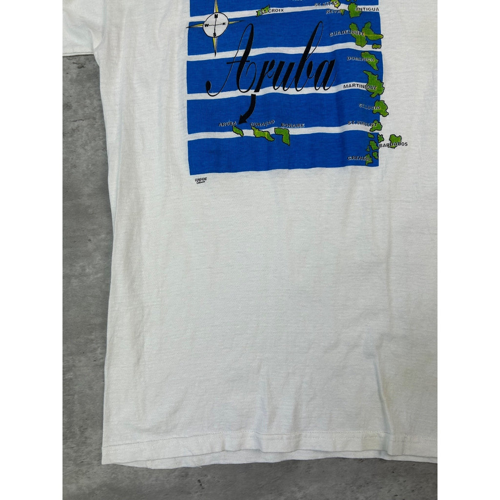Vintage 90s Aruba Map Spellout Graphic Destination T-Shirt Size Large White