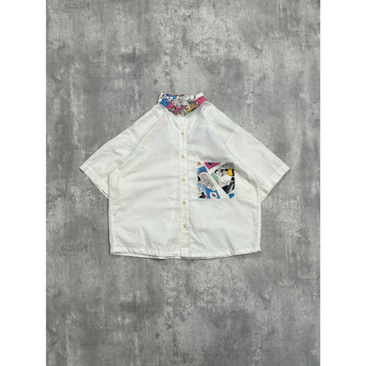Vintage Cartoon Graphic Patchwork Reworked Cropped Button Up Shirt Size Small
