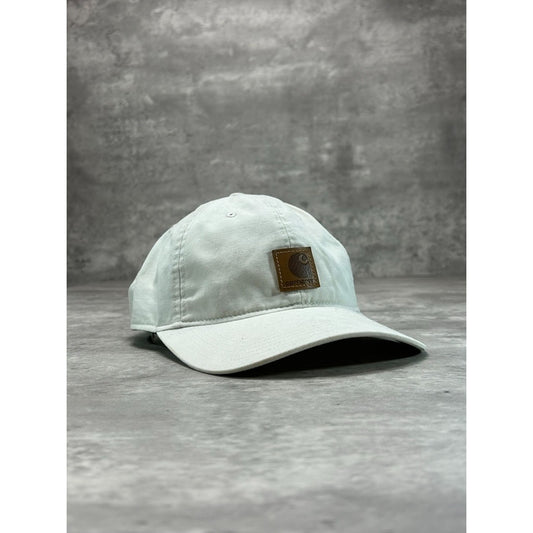 Vintage Carhartt Canvas Workwear Embroidered Leather Patch Strapback Hat OSFA