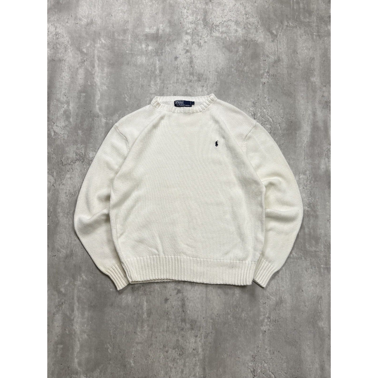 Vintage 90s Polo Ralph Lauren Embroidered Pony White Knit Sweater Size Large
