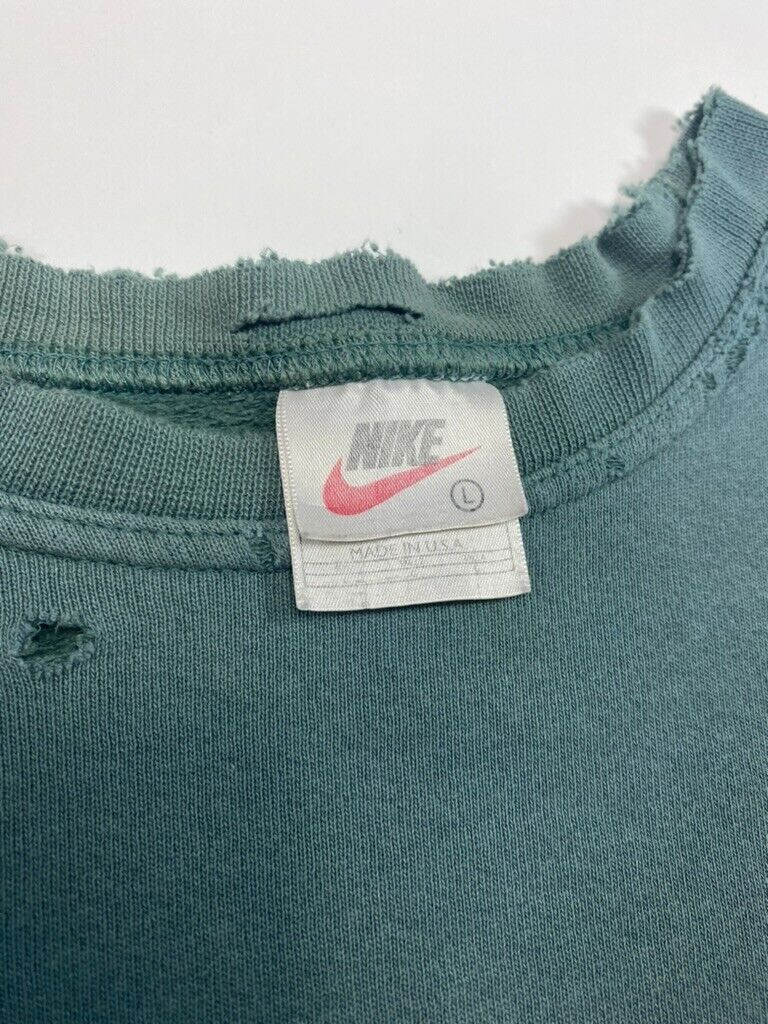 Vintage 90s Nike Embroidered Mini Swoosh Distressed Sweatshirt Size Large Green