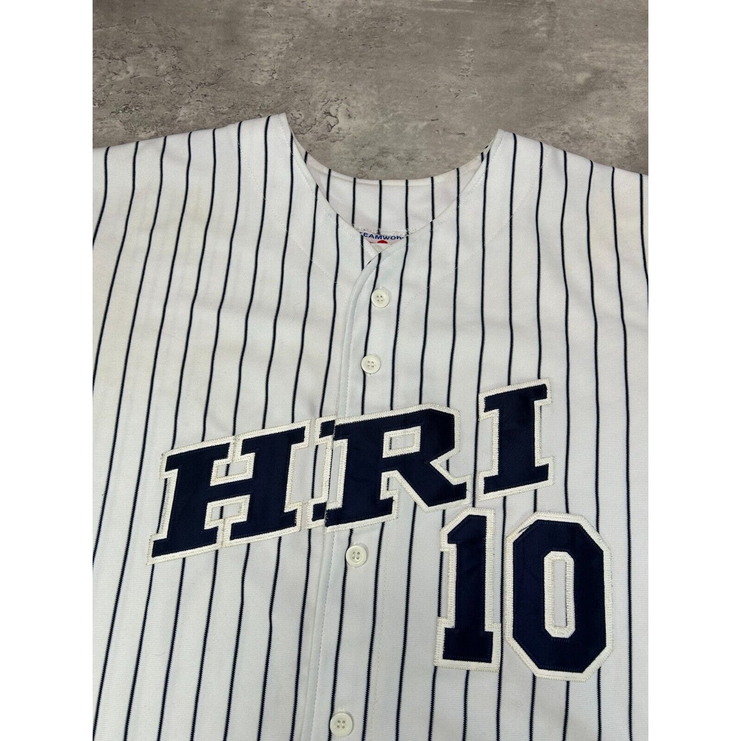 Vintage HRI #10 Embroidered Pinstripe Baseball Jersey Size XL White