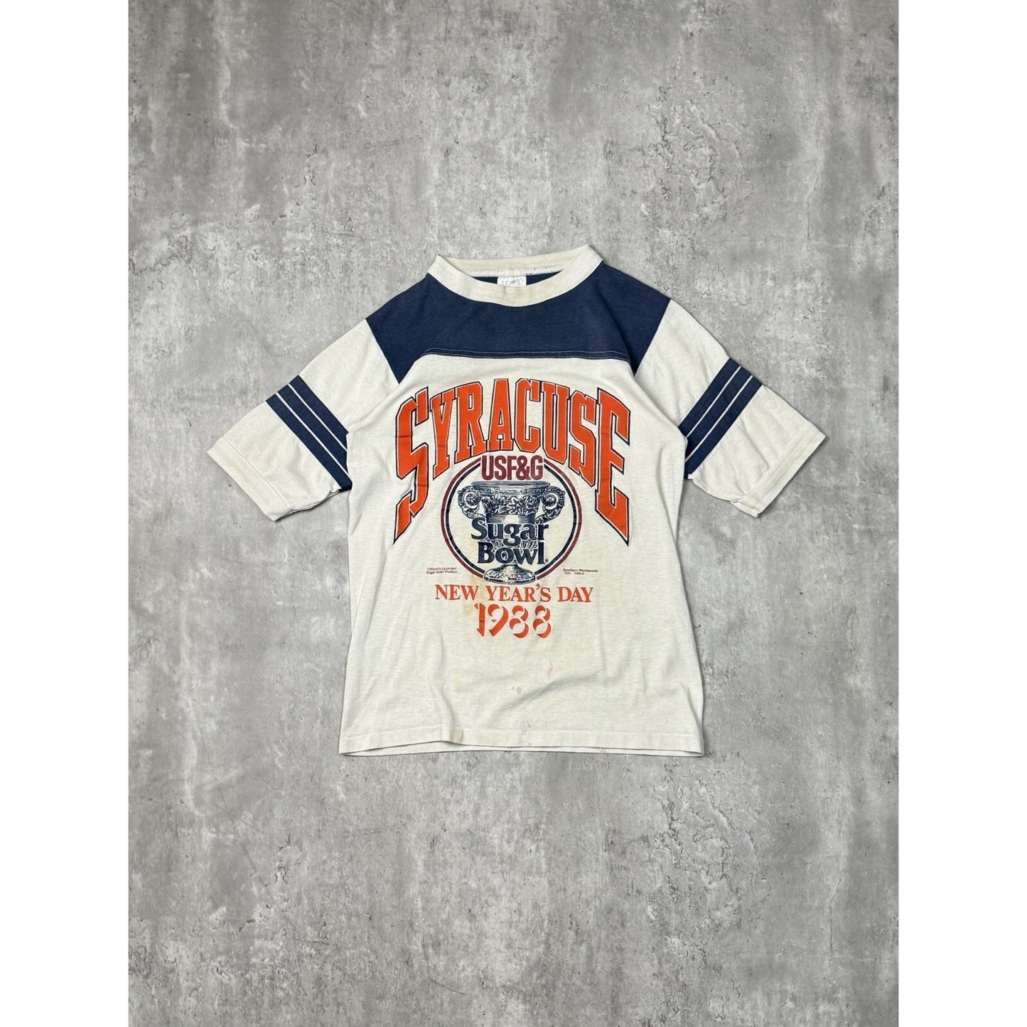 Vintage 1988 Syracuse Orangemen NCAA Sugar Bowl Football Jersey T-Shirt Sz Small