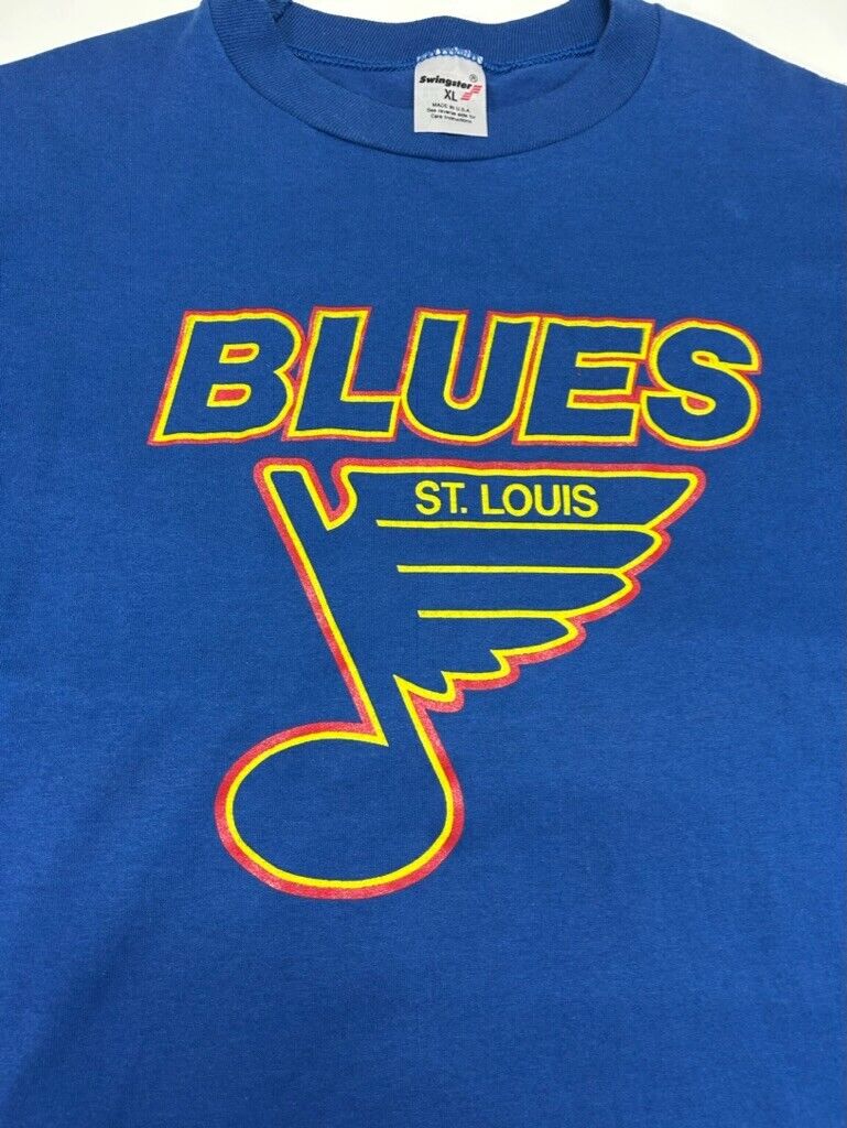 Vintage 80s St Louis Blues NHL Spell Out Graphic Hockey T-Shirt Size XL Blue