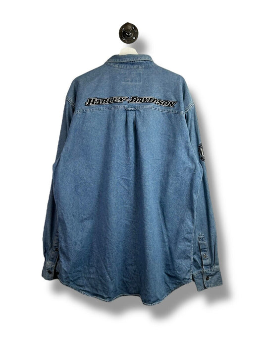 Harley Davidson Embroidered Denim Long Sleeve Button Up Shirt Size XLT Blue