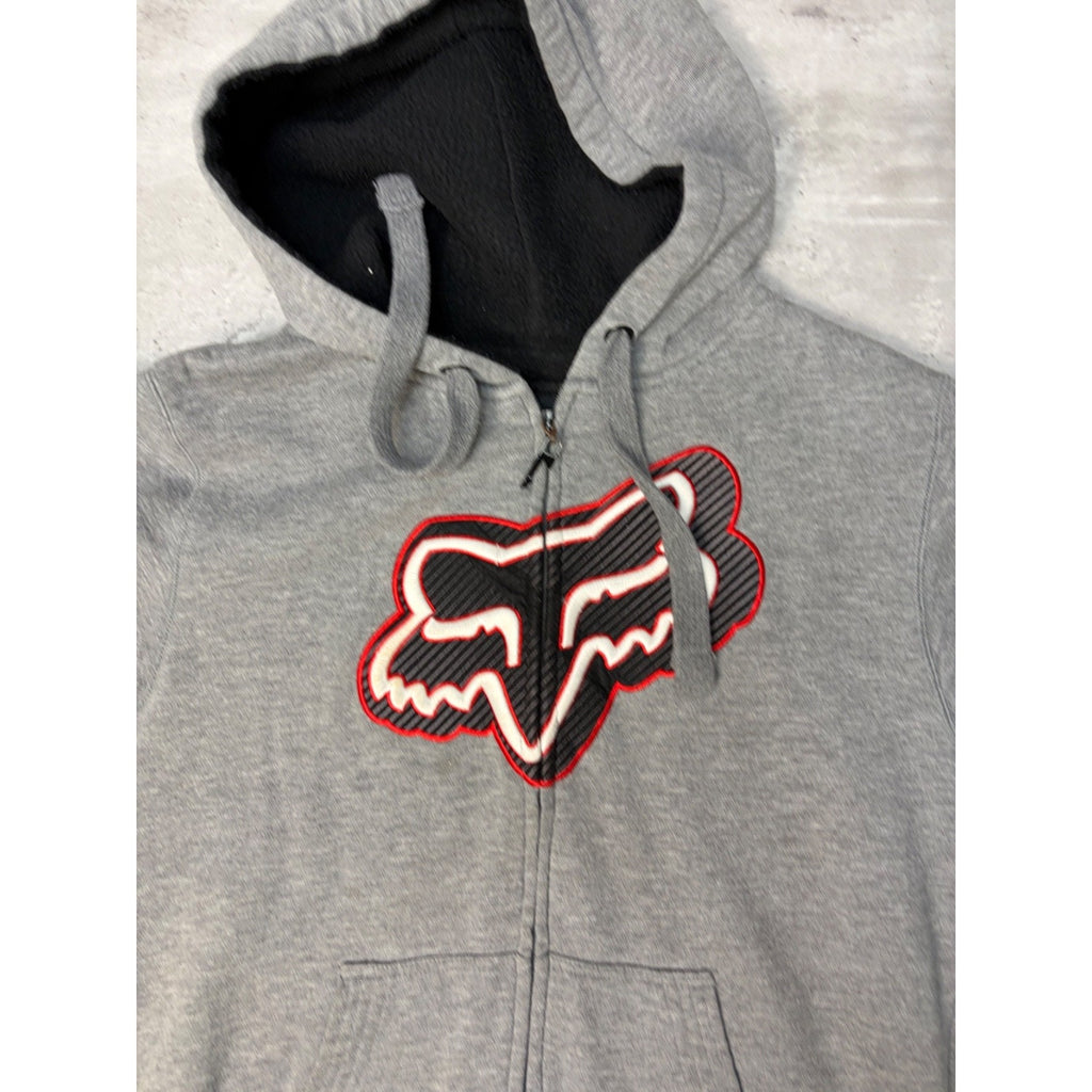 Vintage Fox Embroidered Logo Full Zip Fleece Lined Hooded Sweatshirt Size Small