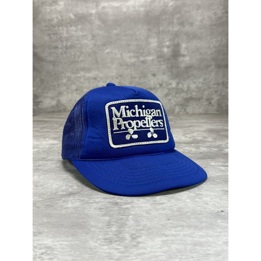 Vintage 80s Michigan Propellers Embroidered Patch Trucker Snapback Hat OSFA Blue