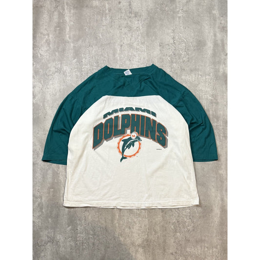Vintage 1996 Miami Dolphins NFL Jersey Style Spellout 3/4 Sleeve T-Shirt Size XL
