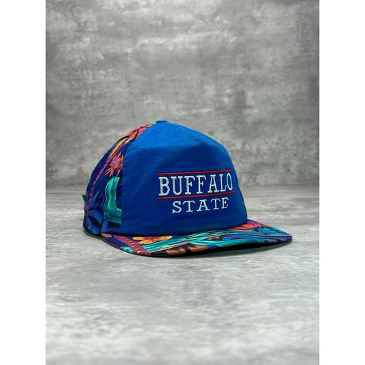 Vintage 90s Buffalo State Floral Print Embroidered Spellout Strapback Hat OSFA