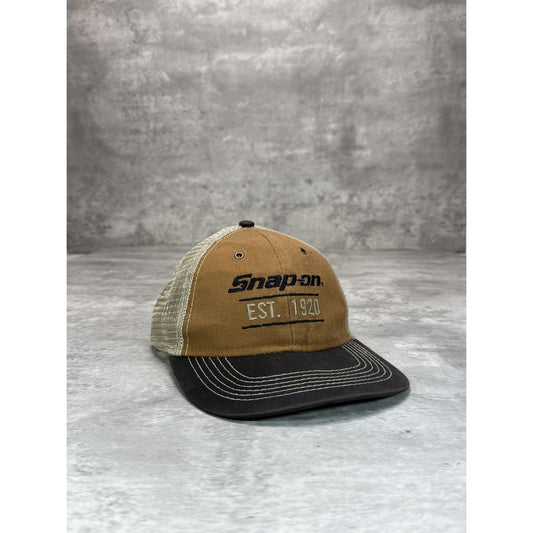 Vintage Snap On Embroidered Spellout Trucker Strapback Hat OSFA Brown/Beige