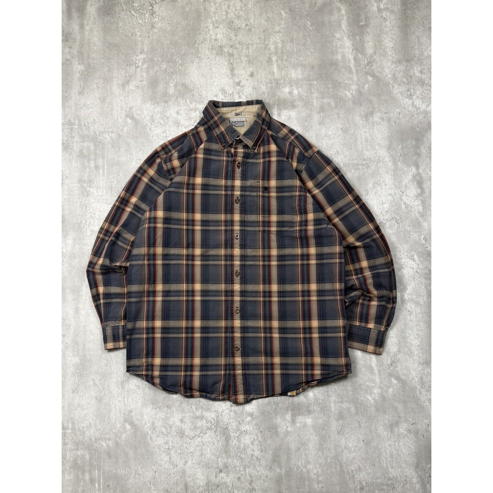 Vintage Carhartt Embroidered Logo Plaid Workwear Button Up Shirt Size Large
