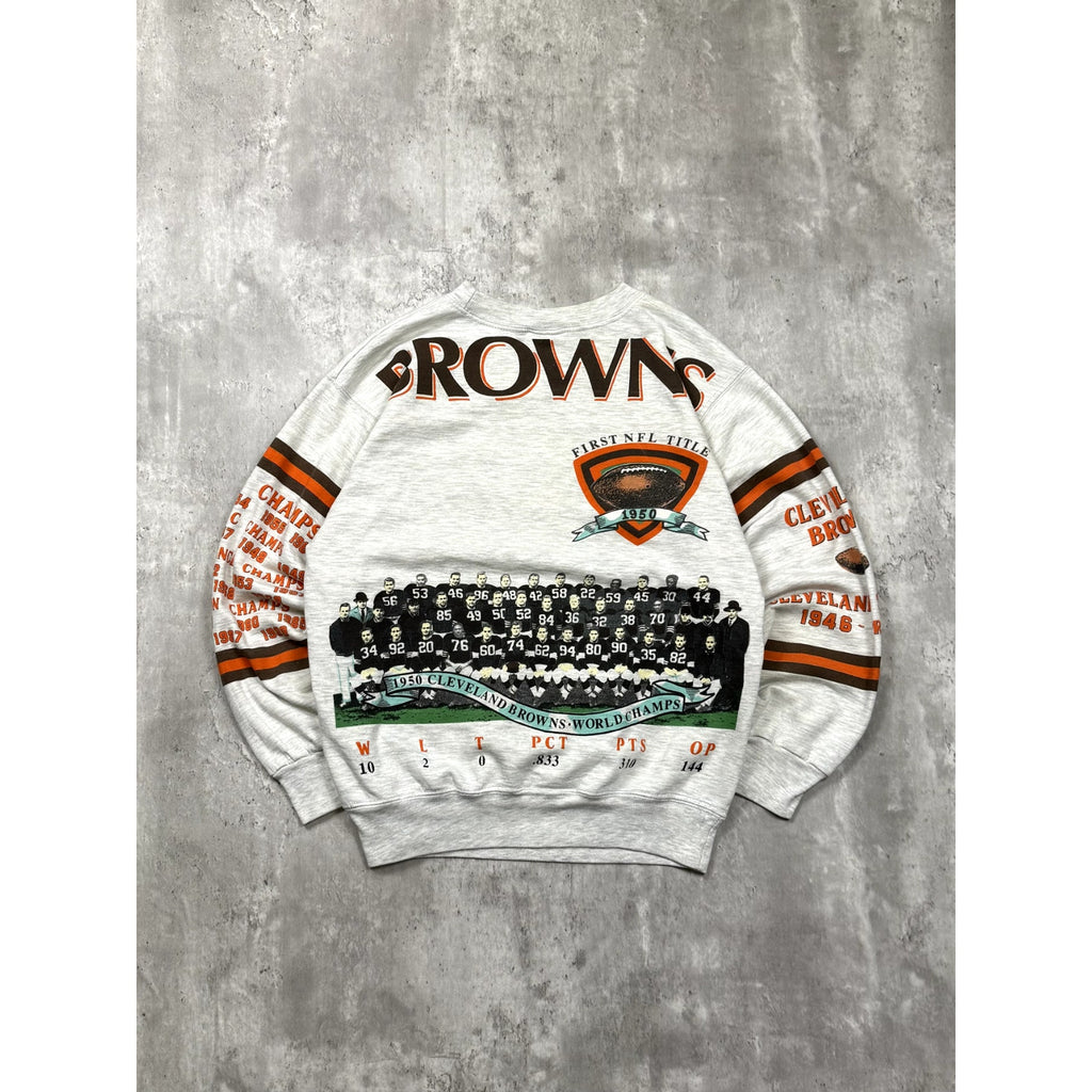 Vintage 1990 Cleveland Browns NFL AOP Spellout Graphic Sweatshirt Size Medium