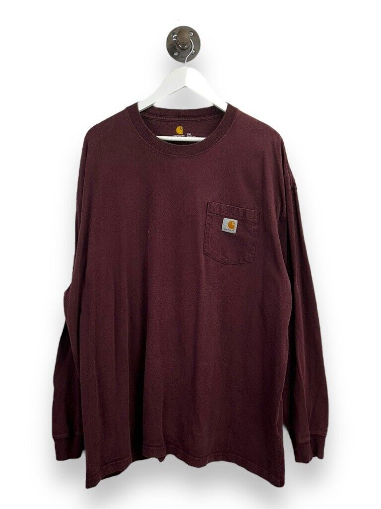 Carhartt Embroidered Patch Pocket Long Sleeve Workwear T-Shirt Size 2XL Maroon