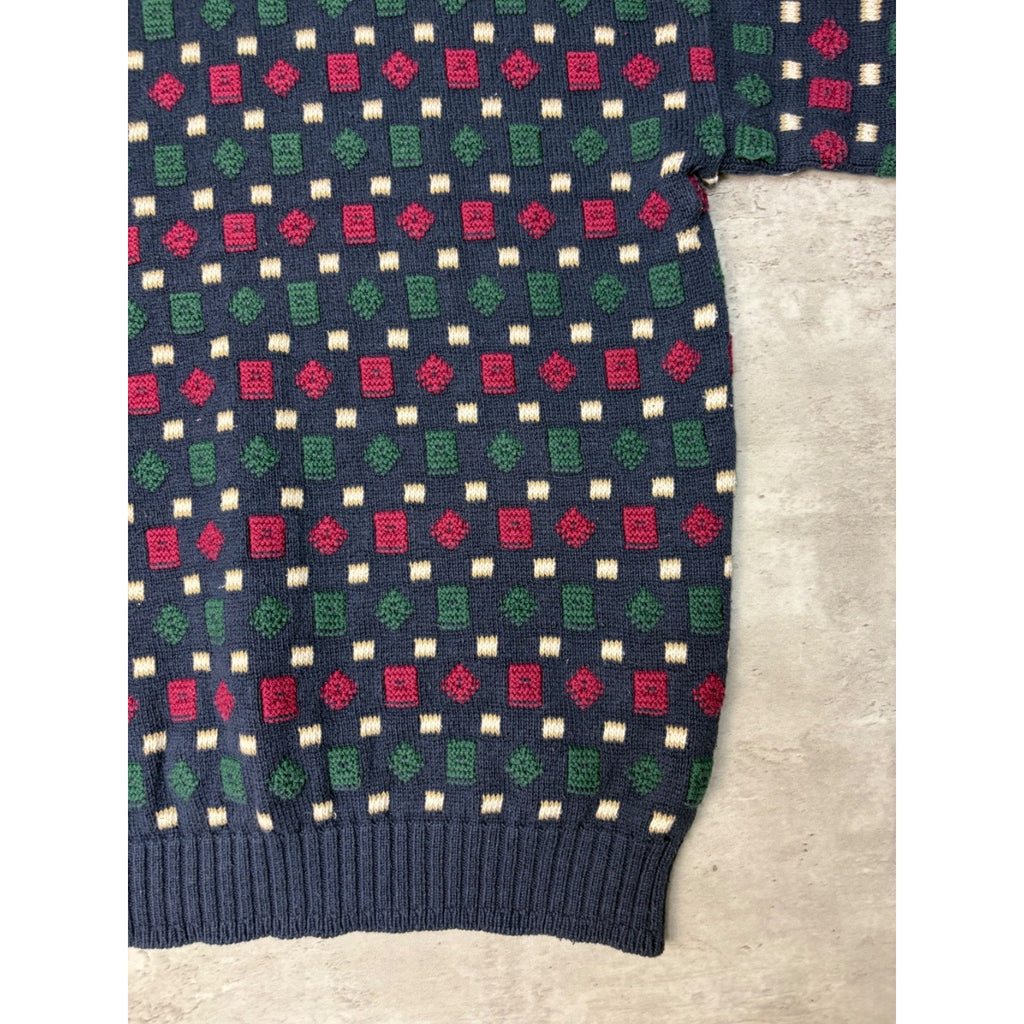 Vintage 90s Geometric Pattern Print Pullover Ribbed Knit Sweater Size Large