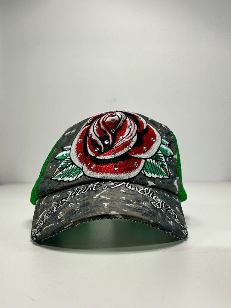 Vintage Christian Audigier Rose Bejewelled Trucker Snapback Hat OSFA