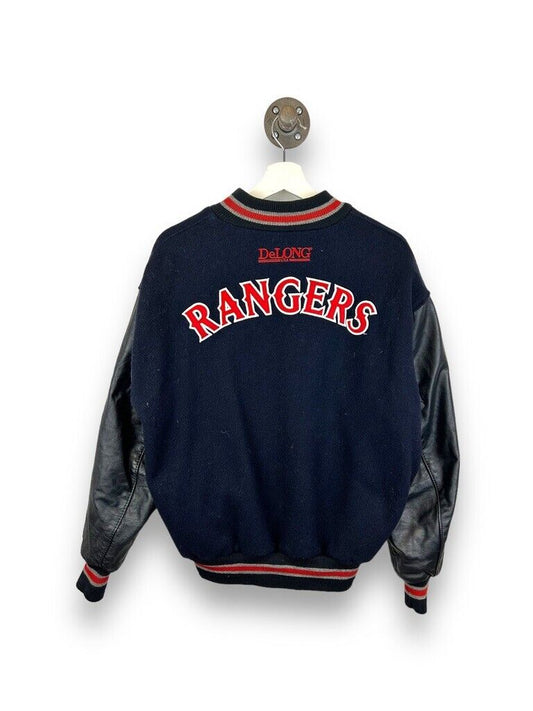 Vintage 90s Texas Rangers MLB Delong Leather Wool Varsity Jacket Size Large