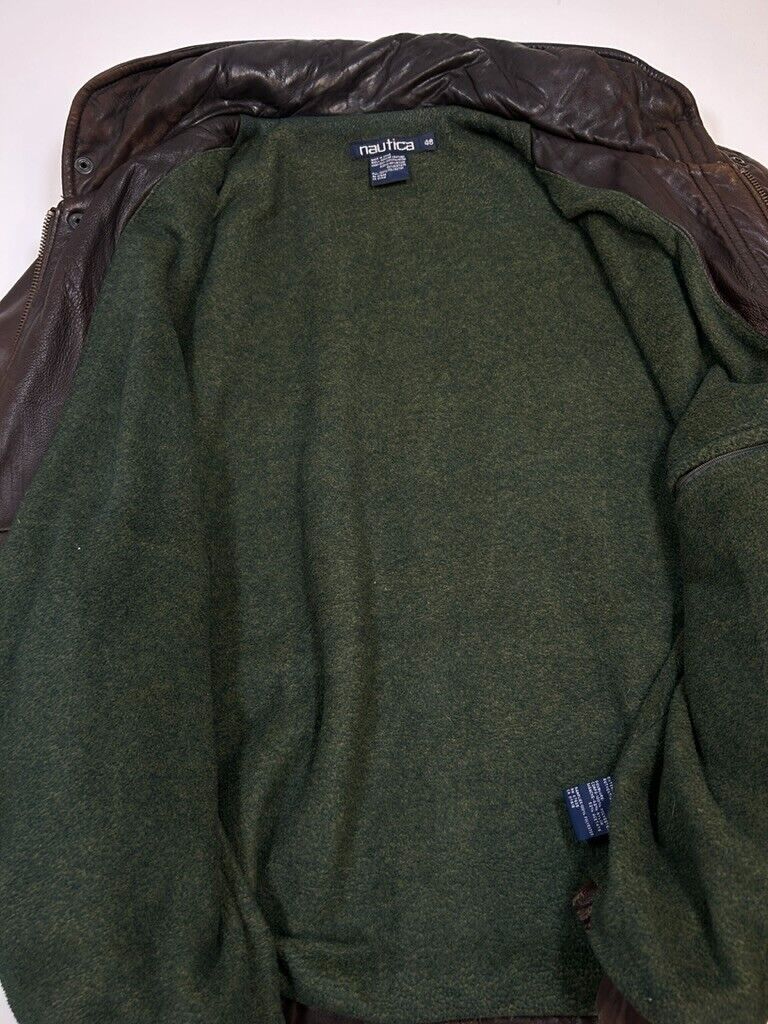 Vintage 90s Nautica Fleece Lined Leather Full Zip Bomber Jacket Size 48 XXL