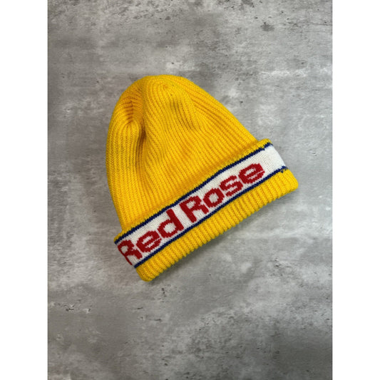 Vintage 1980s Red Rose Graphic Spellout Striped Beanie Hat OSFA Yellow