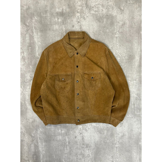 Vintage 90s Suede Type 3 Style Trucker Bomber Jacket Size Medium Beige