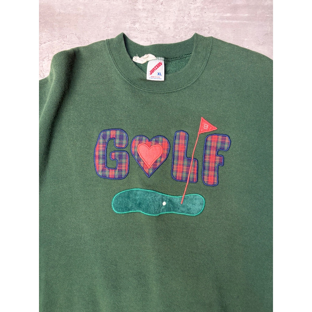 Vintage 90s Golf Embroidered Plaid Spellout Graphic Green Sweatshirt Size XL