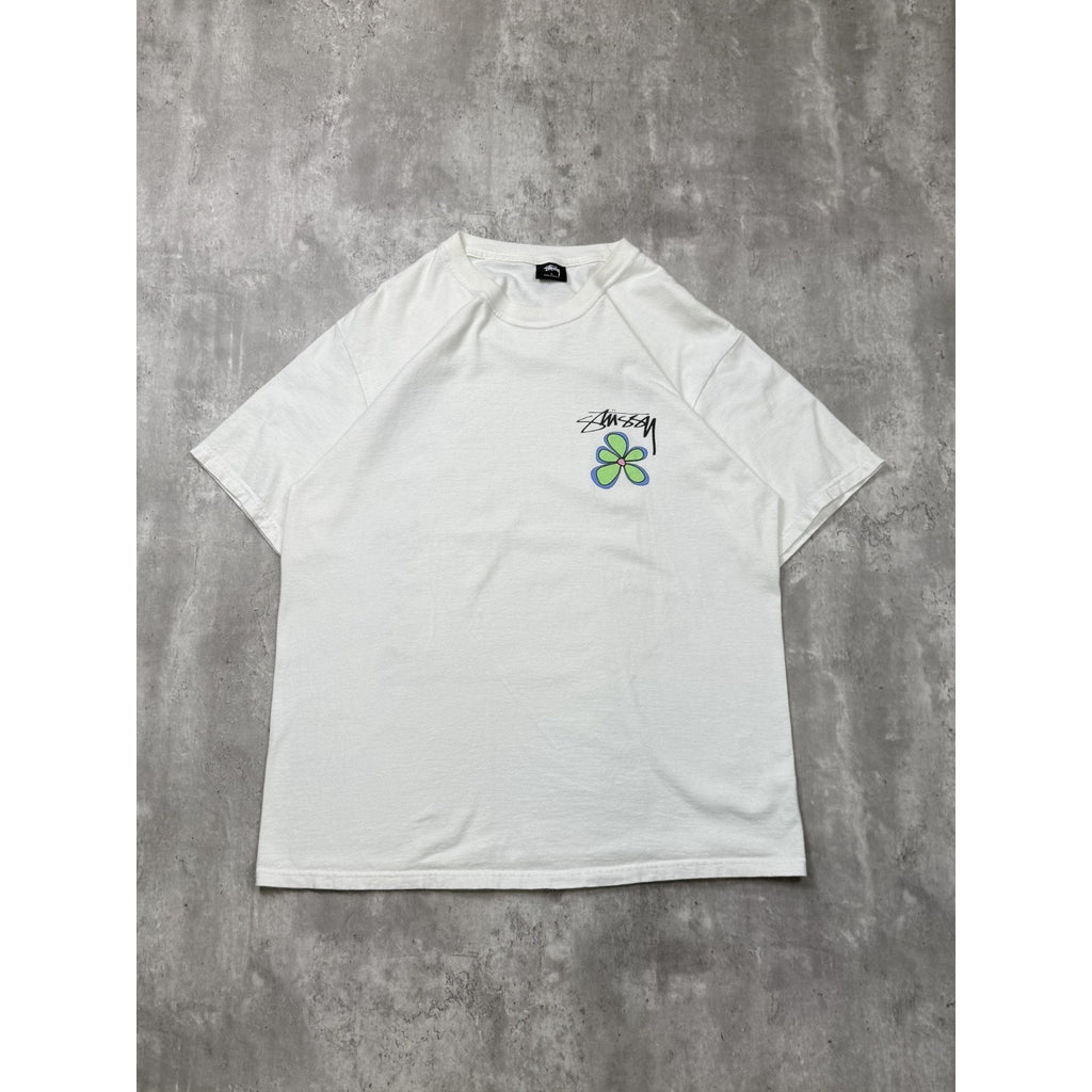 Stussy Spellout Flower Graphic White T-Shirt Size Large