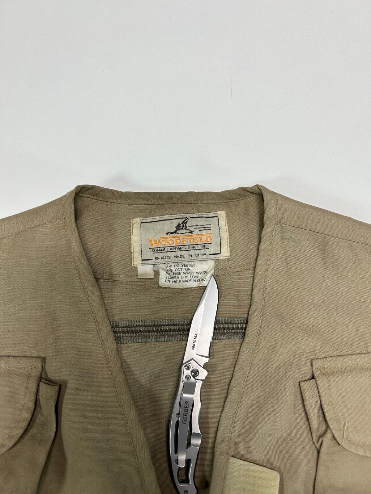 Vintage 90s Woodfield Multi Pocket Full Zip Fishing Jacket Size Large Beige