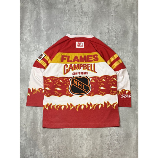 Vintage 90s Calgary Flames NHL All Over Print Starter Hockey Jersey Size Large