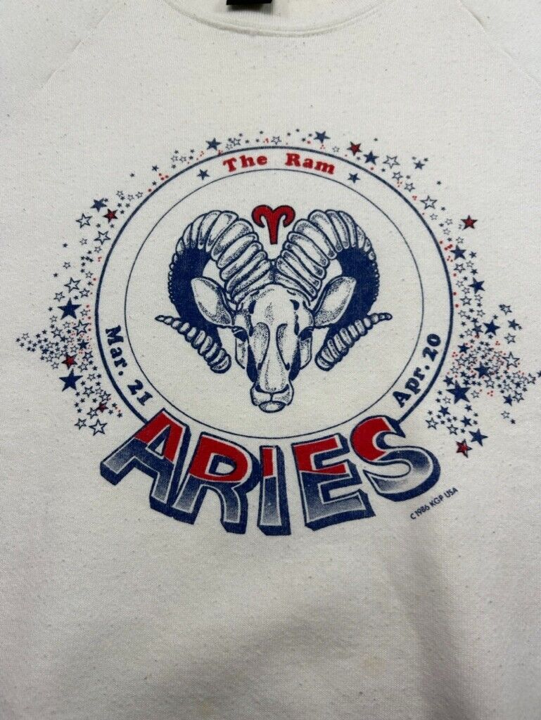 Vintage 1986 Aries Zodiac Sign Graphic Sweatshirt Size Large 80s White