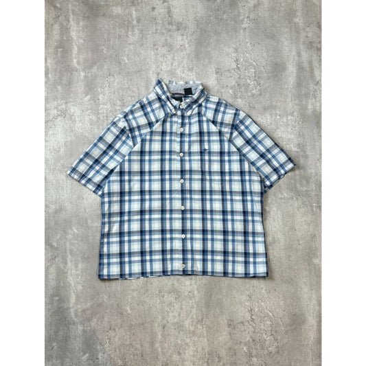 Dockers Plaid Print Short Sleeve Cropped Reworked Button Up Shirt Size Medium