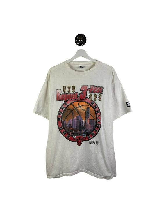 Vintage 1998 Chicago Bulls NBA Repeat 3peat Starter T-Shirt Size Large White 90s
