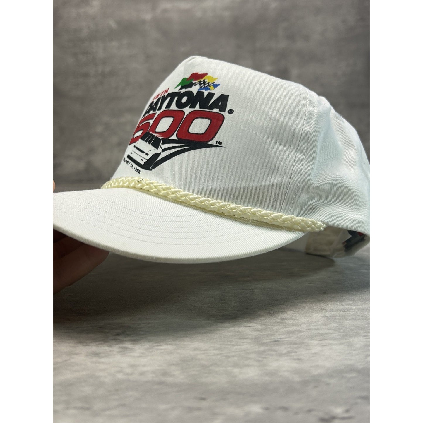 Vintage 1996 Daytona 500 Graphic Spellout Nascar Snapback Hat OSFA White