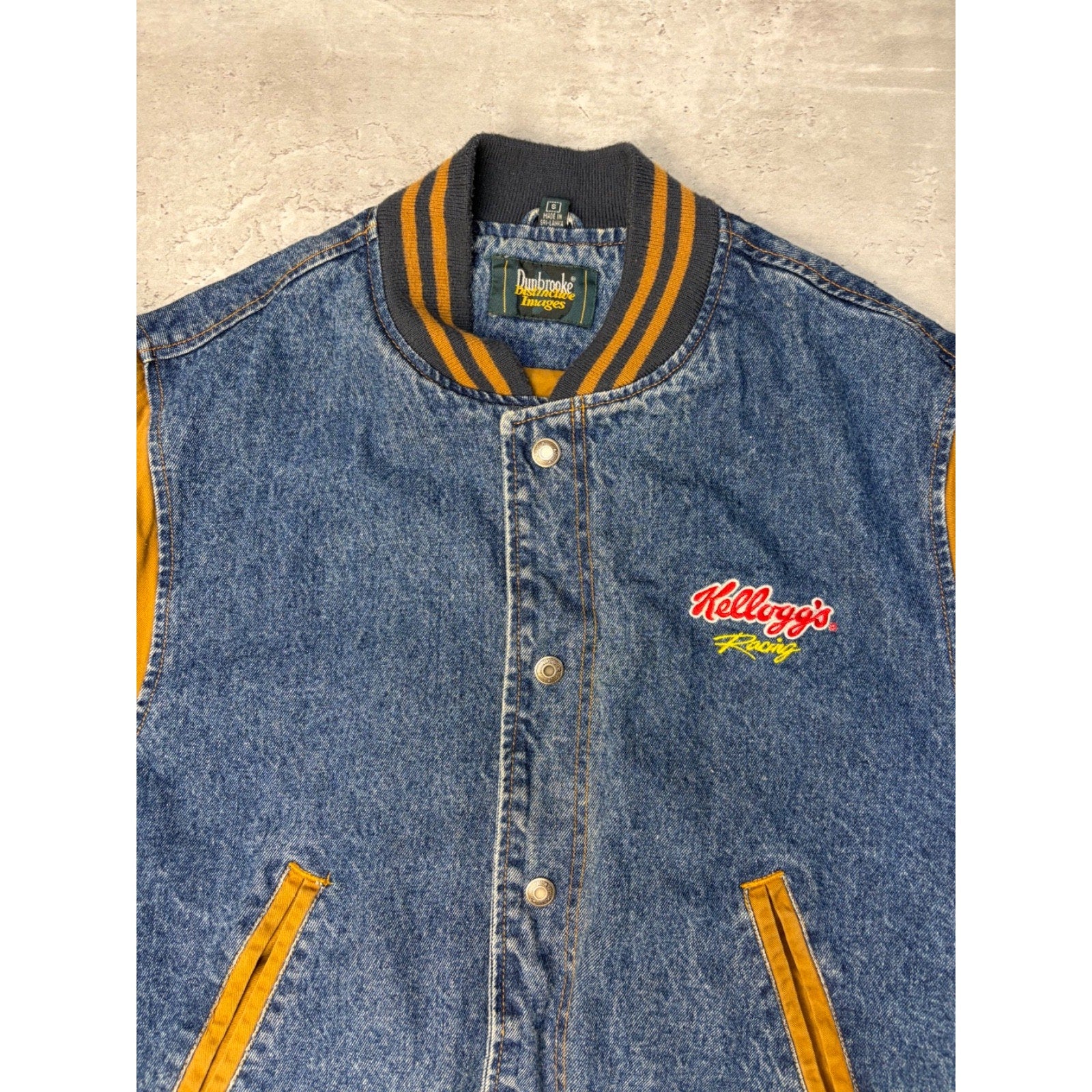 Vintage Kellogg's Racing Team Embroidered Logo Denim Varsity Jacket Size Small