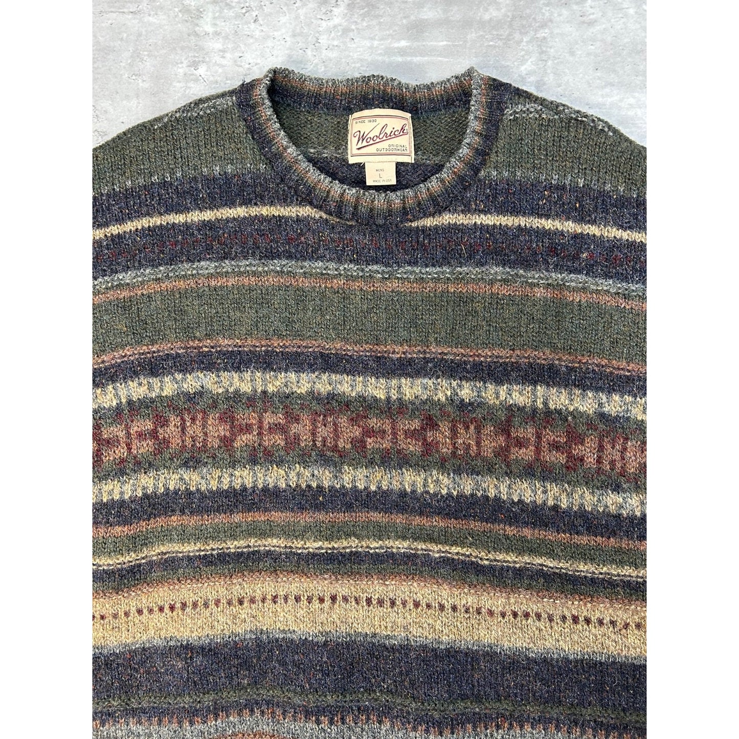 Vintage Woolrich Abstract Striped Print Pullover Knit Sweater Size Large