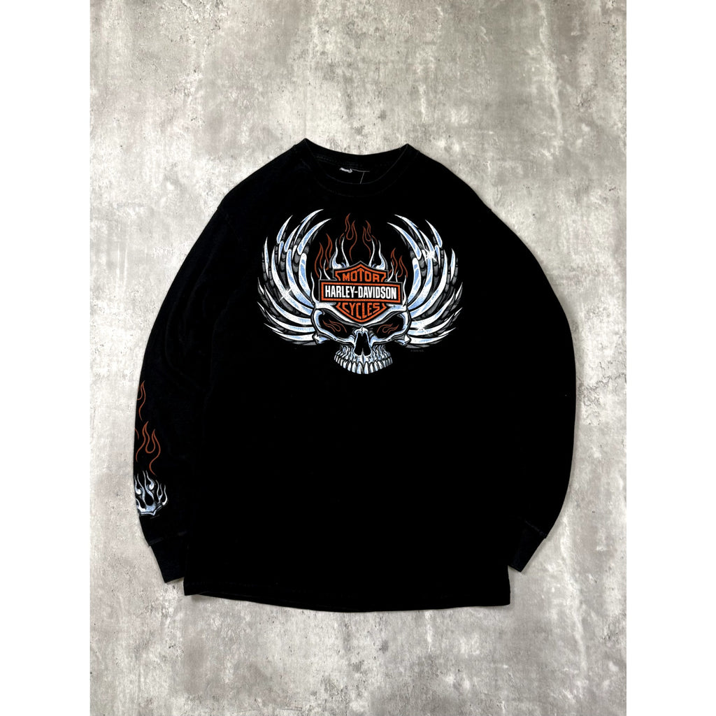 Harley Davidson Flaming Chrome Skull Graphic Long Sleeve T-Shirt Size Medium