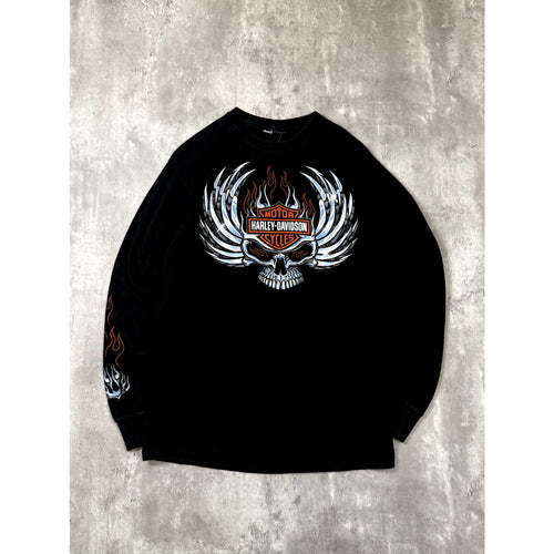 Harley Davidson Flaming Chrome Skull Graphic Long Sleeve T-Shirt Size Medium