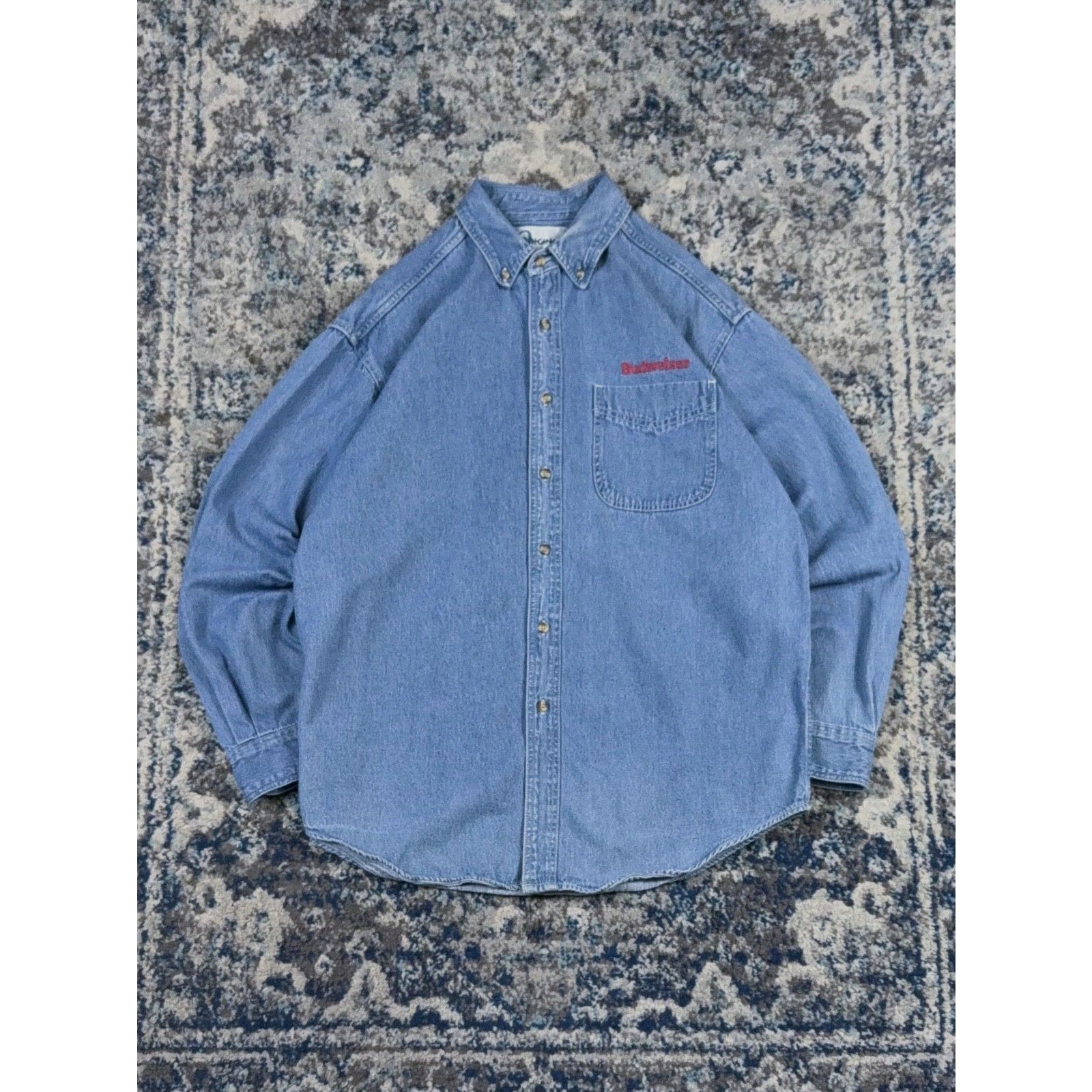 90s Budweiser Embroidered Logo Medium Wash Denim Button Up Shirt Size Large