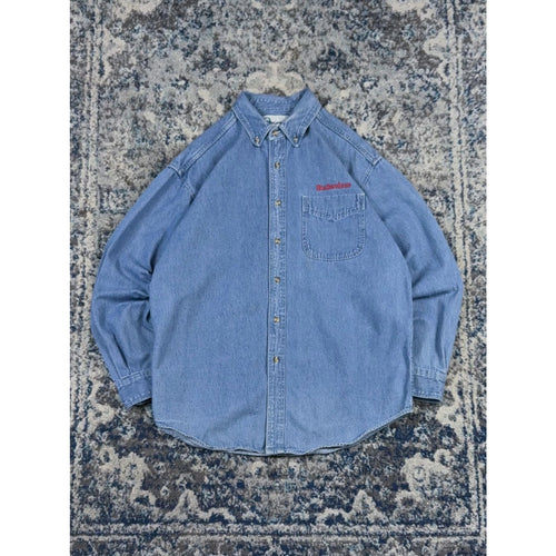 90s Budweiser Embroidered Logo Medium Wash Denim Button Up Shirt Size Large