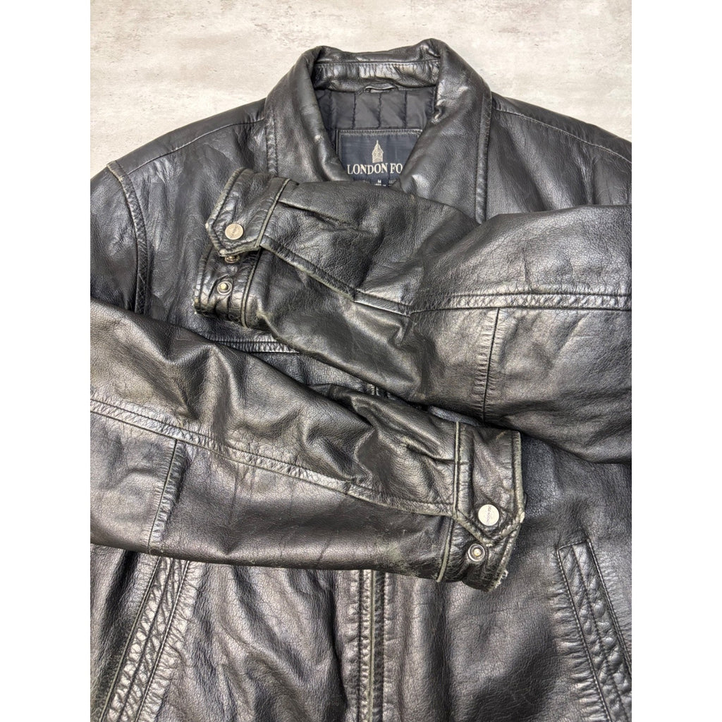 Vintage London Fog Full Zip Black Leather Bomber Jacket Size Medium