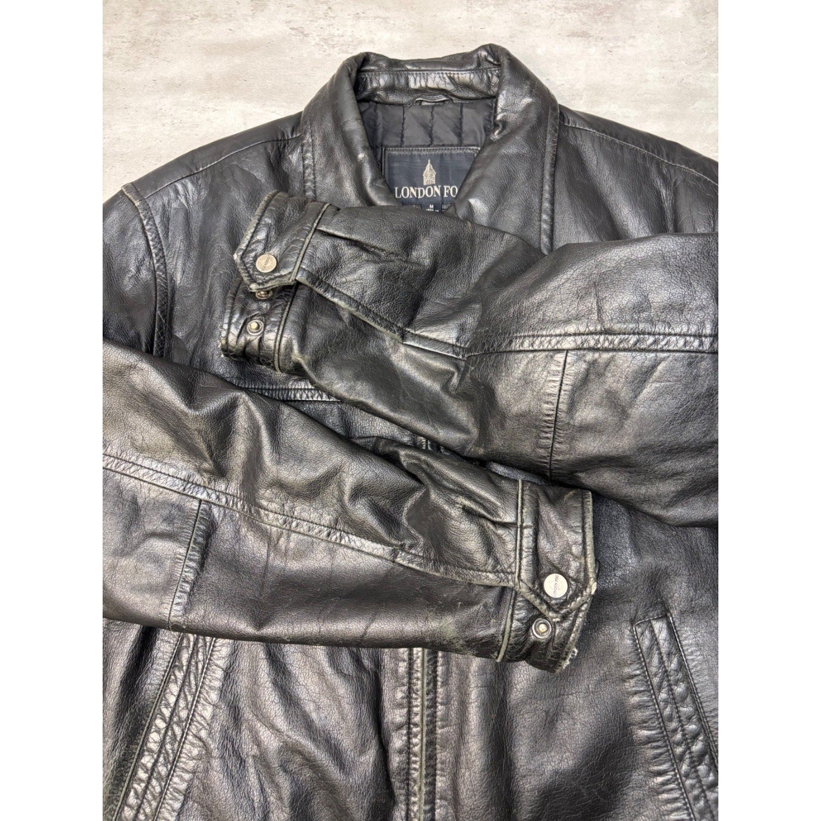 Vintage London Fog Full Zip Black Leather Bomber Jacket Size Medium