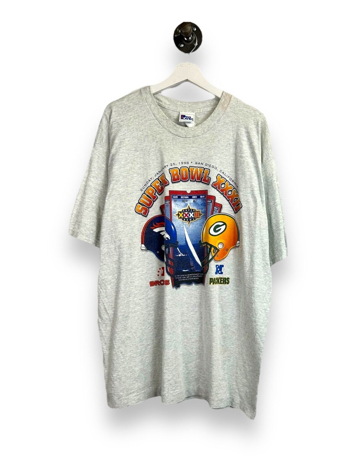 Vintage 1998 Broncos Vs Packers NFL Super Bowl Helmet Graphic T-Shirt Size 2XL