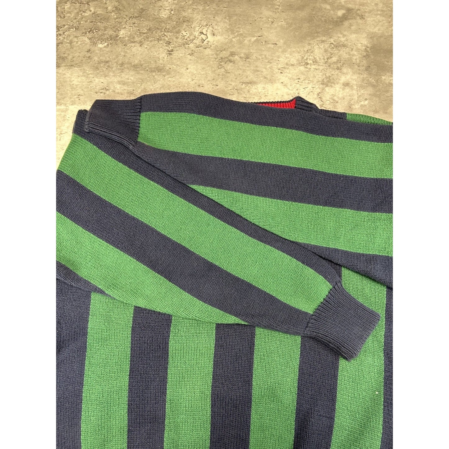 Vintage 90s Varsity Striped Pullover Ribbed Knit Sweater Size Medium Green/Blue