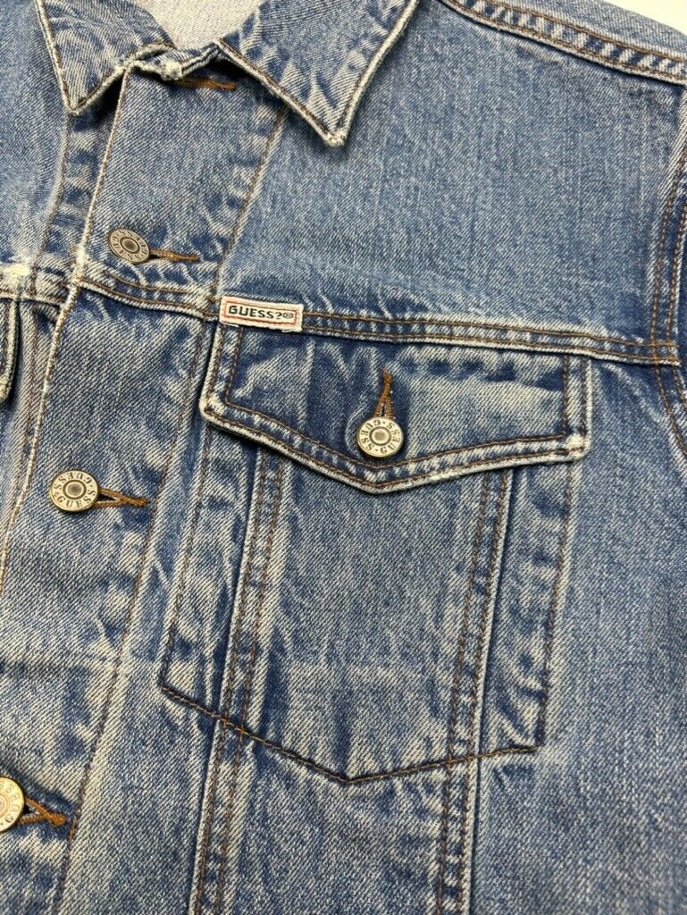 Vintage 90s Guess Jeans Embroidered Patch Light Wash Denim Trucker Jacket Size M