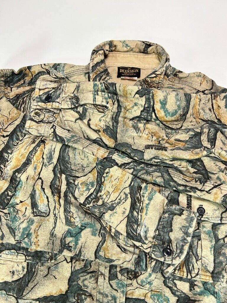 Vintage 90s Deerskin Badland Camo Long Sleeve Hunting Button Up Shirt Size Large